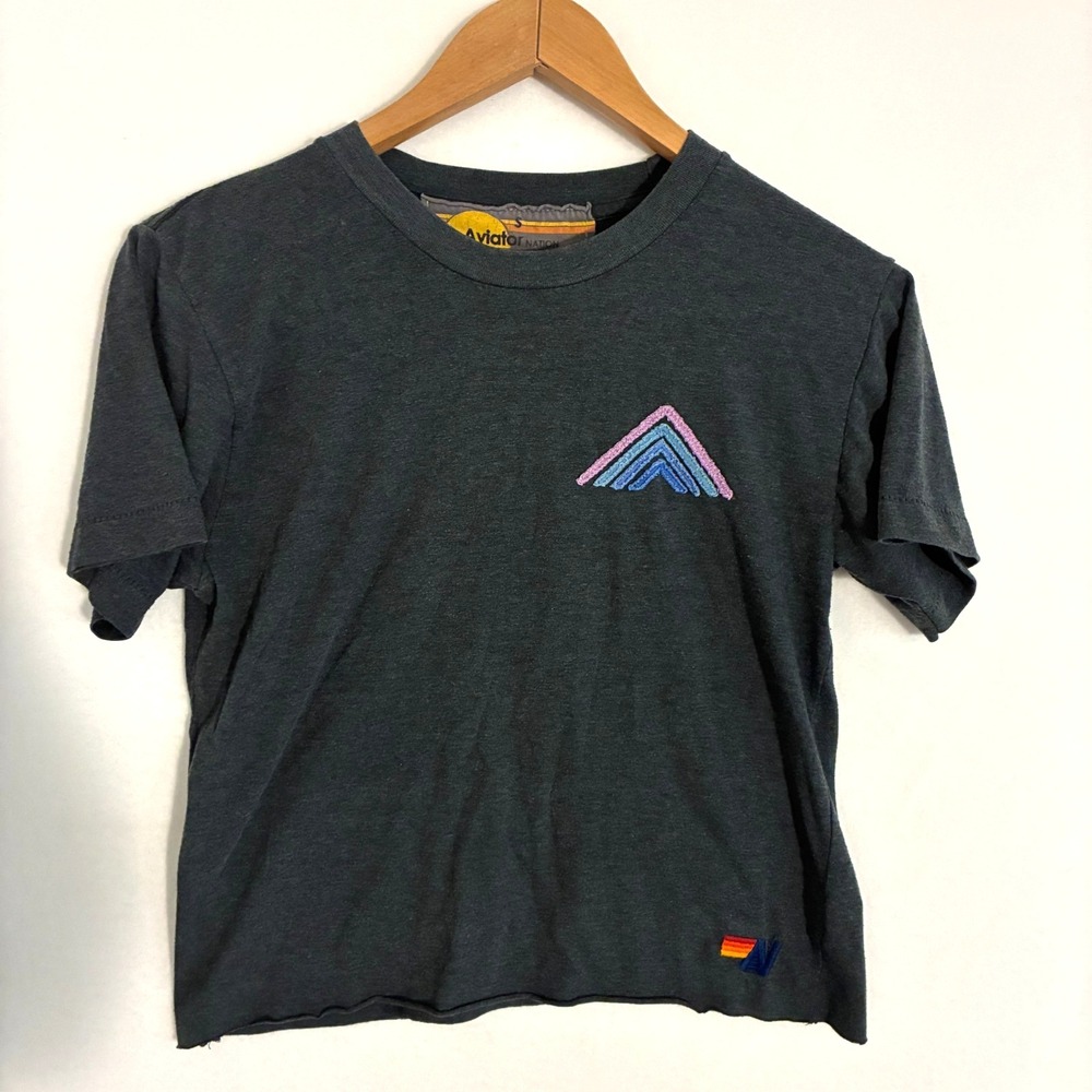 Aviator Nation Shirt Womens Size S Crop Rainbow Embroidered Mountain Boyfriend - Picture 2 of 9
